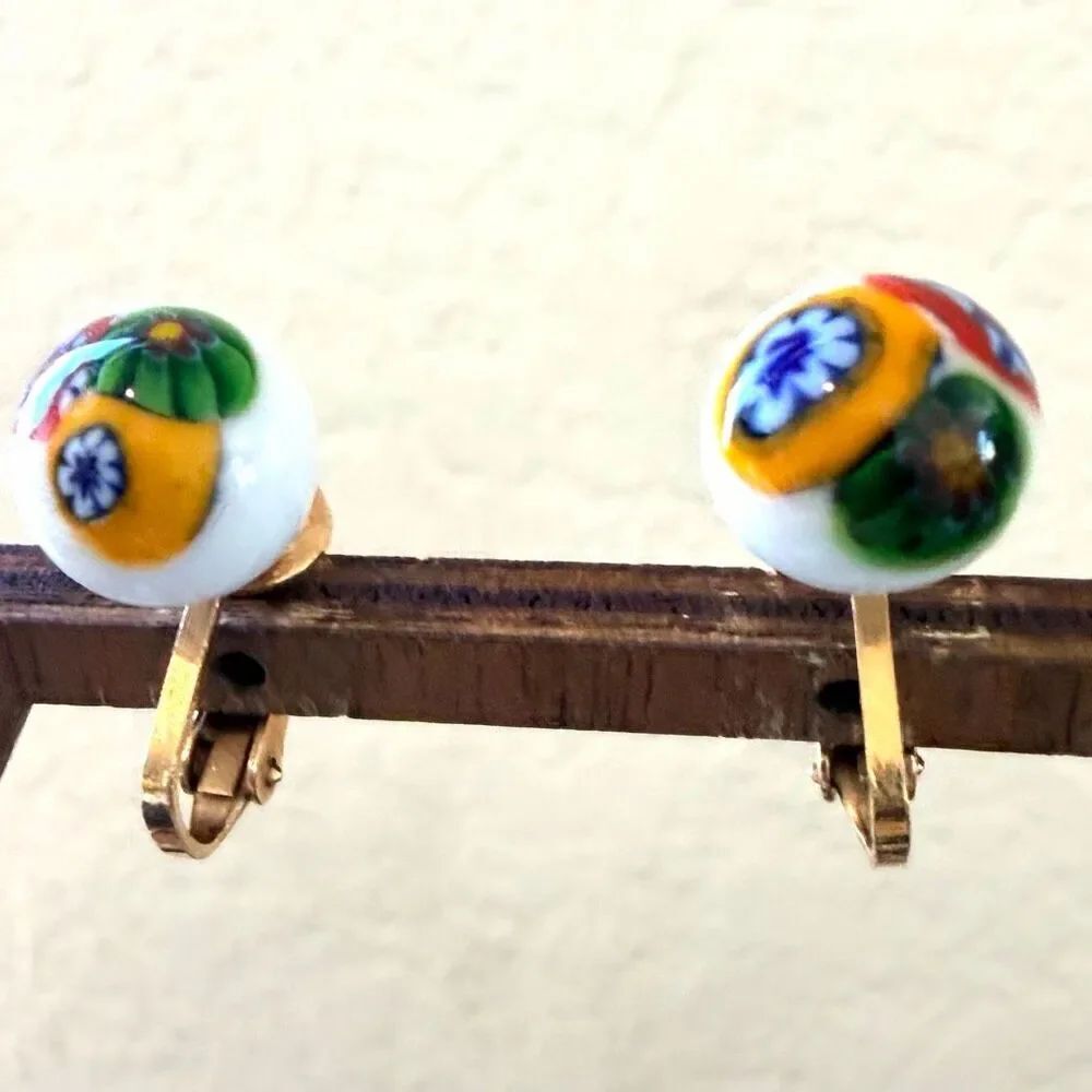 Vintage Millefiori Glass Bead Clip-On Earrings